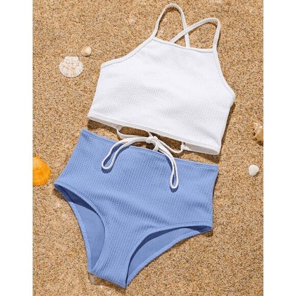 Magnolia Place White & Blue High Cut Bikini 2pcs SET Swimwear M - Picture 1 of 7